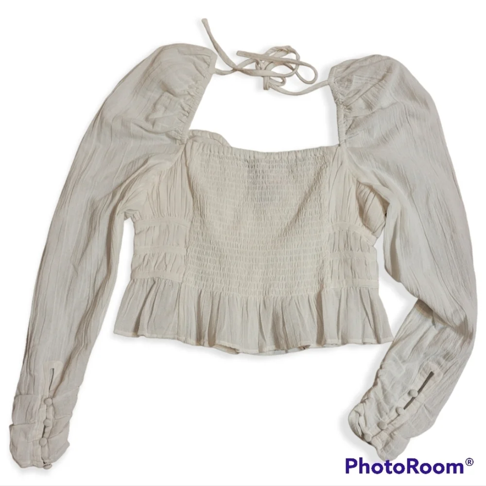 NWT Free People Chloe Smocked Puff Sleeve Top M White